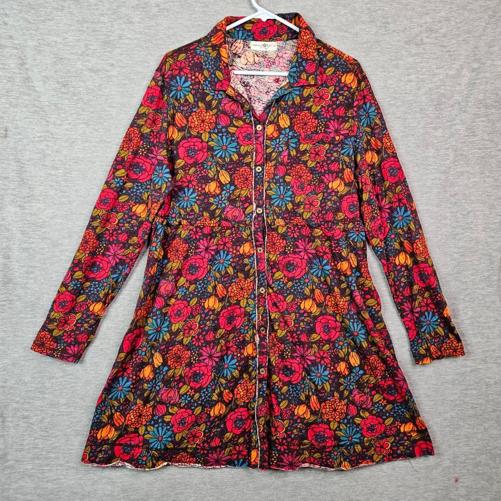 Natural Life Floral Cotton Button Down Long Sleeve Dress Pink Orange Blue Sz L